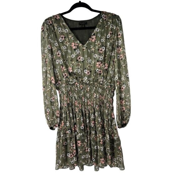 Current Air Green‎ Floral Long Sleeve Smocked Waist V Neck Dress Sz M - Picture 1 of 9